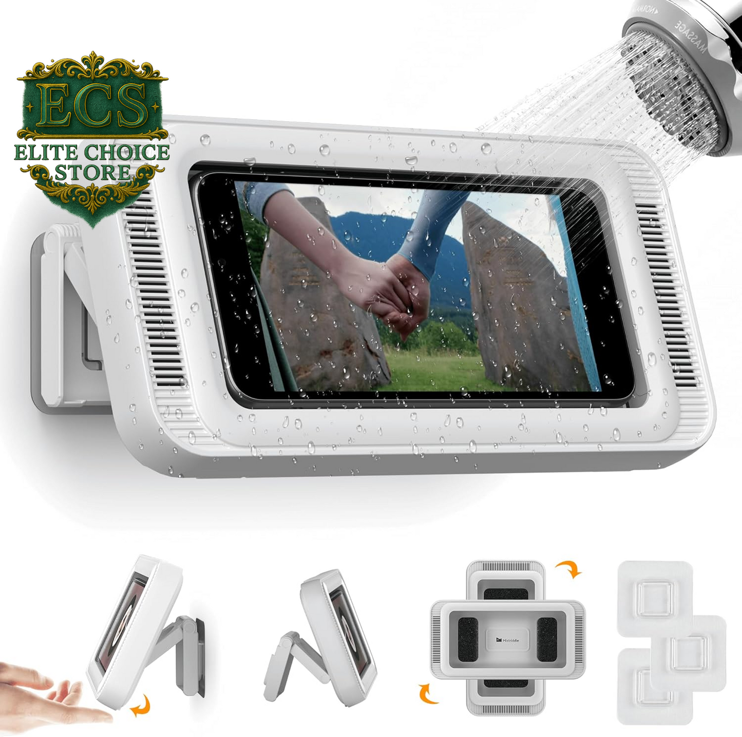 Waterproof Shower Phone Holder with 360° Rotation, Angle Adjustable, Wall Mounted Phone Holder for Bathroom Mirror Bathtub Kitchen, up to 6.8 Inch (Upgraded)