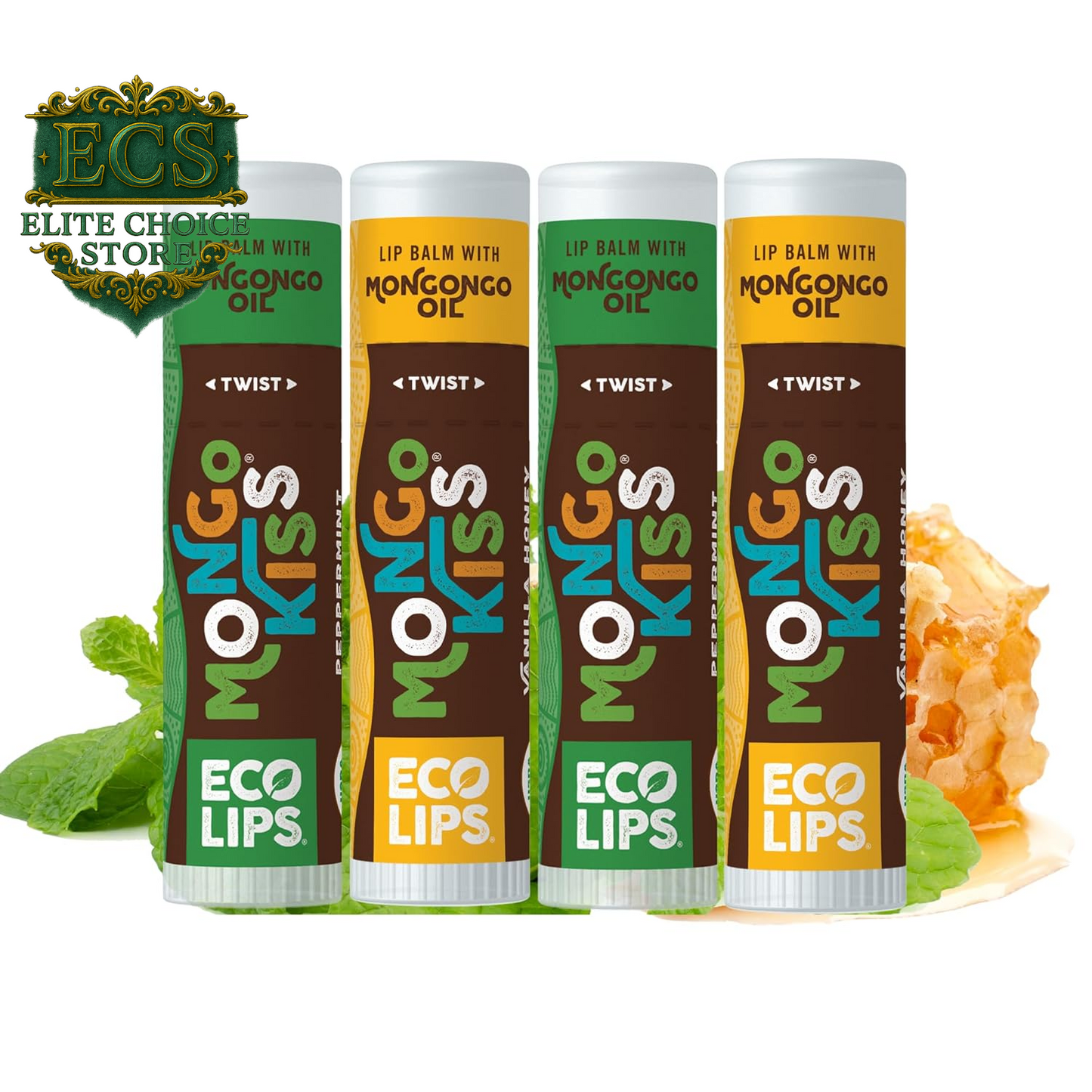 Eco Lips Mongo Kiss Organic Lip Balm 7 Pack - Blood Orange, Black Cherry, Pomegranate, Vanilla Honey, Peppermint, Strawberry Lavender, Yumberry | Mongongo Oil to Soothe & Moisturize Dry, Cracked Lips