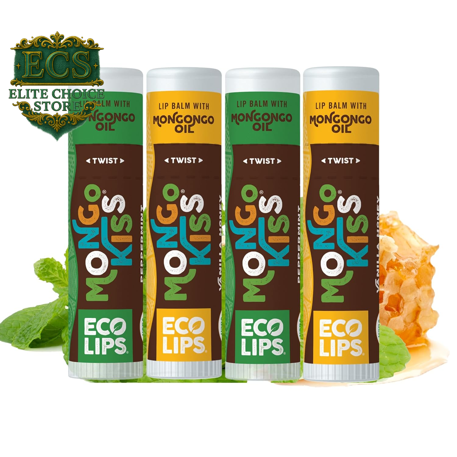 Eco Lips Mongo Kiss Organic Lip Balm 7 Pack - Blood Orange, Black Cherry, Pomegranate, Vanilla Honey, Peppermint, Strawberry Lavender, Yumberry | Mongongo Oil to Soothe & Moisturize Dry, Cracked Lips