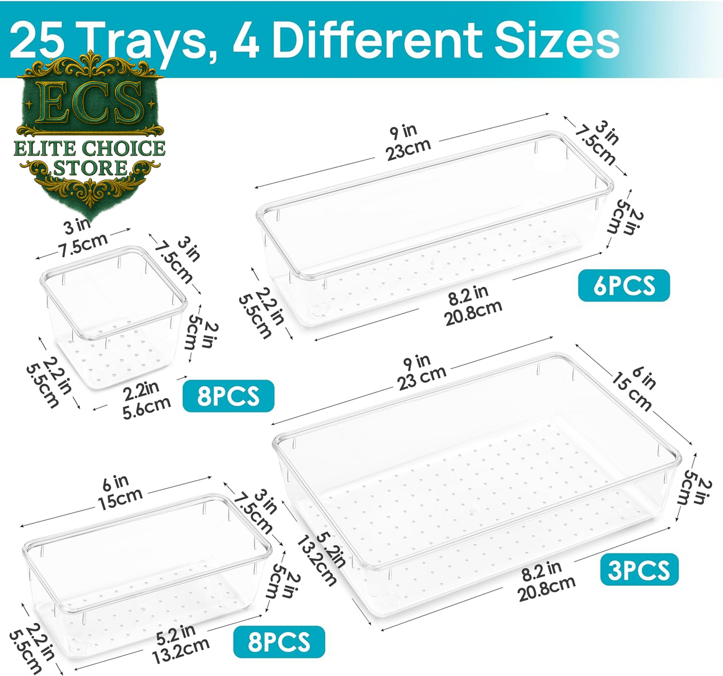 Vtopmart 25 PCS Clear Plastic Drawer Organizers Set, 4-Size Versatile Bathroom and Vanity Drawer Organizer Trays, Storage Bins for Makeup, Bedroom, Kitchen Gadgets Utensils and Office