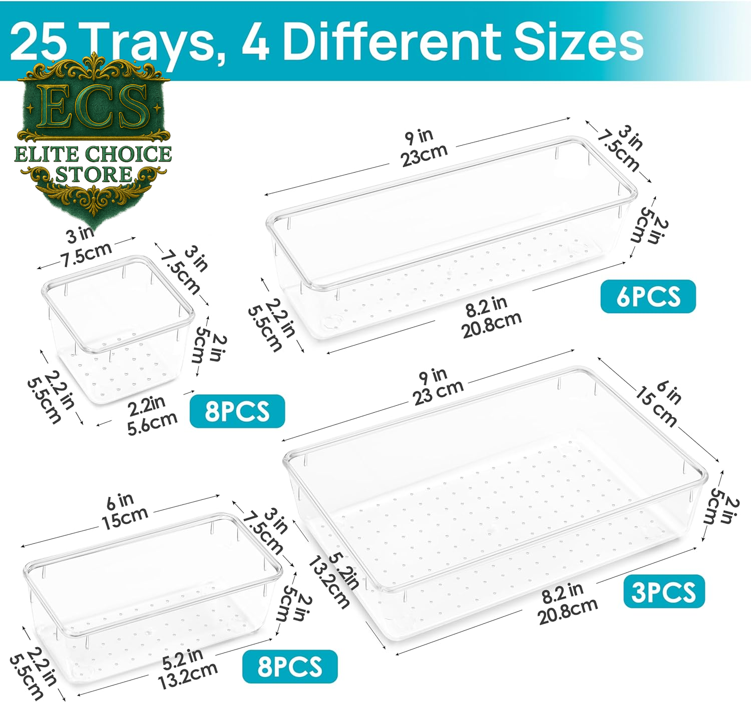 Vtopmart 25 PCS Clear Plastic Drawer Organizers Set, 4-Size Versatile Bathroom and Vanity Drawer Organizer Trays, Storage Bins for Makeup, Bedroom, Kitchen Gadgets Utensils and Office