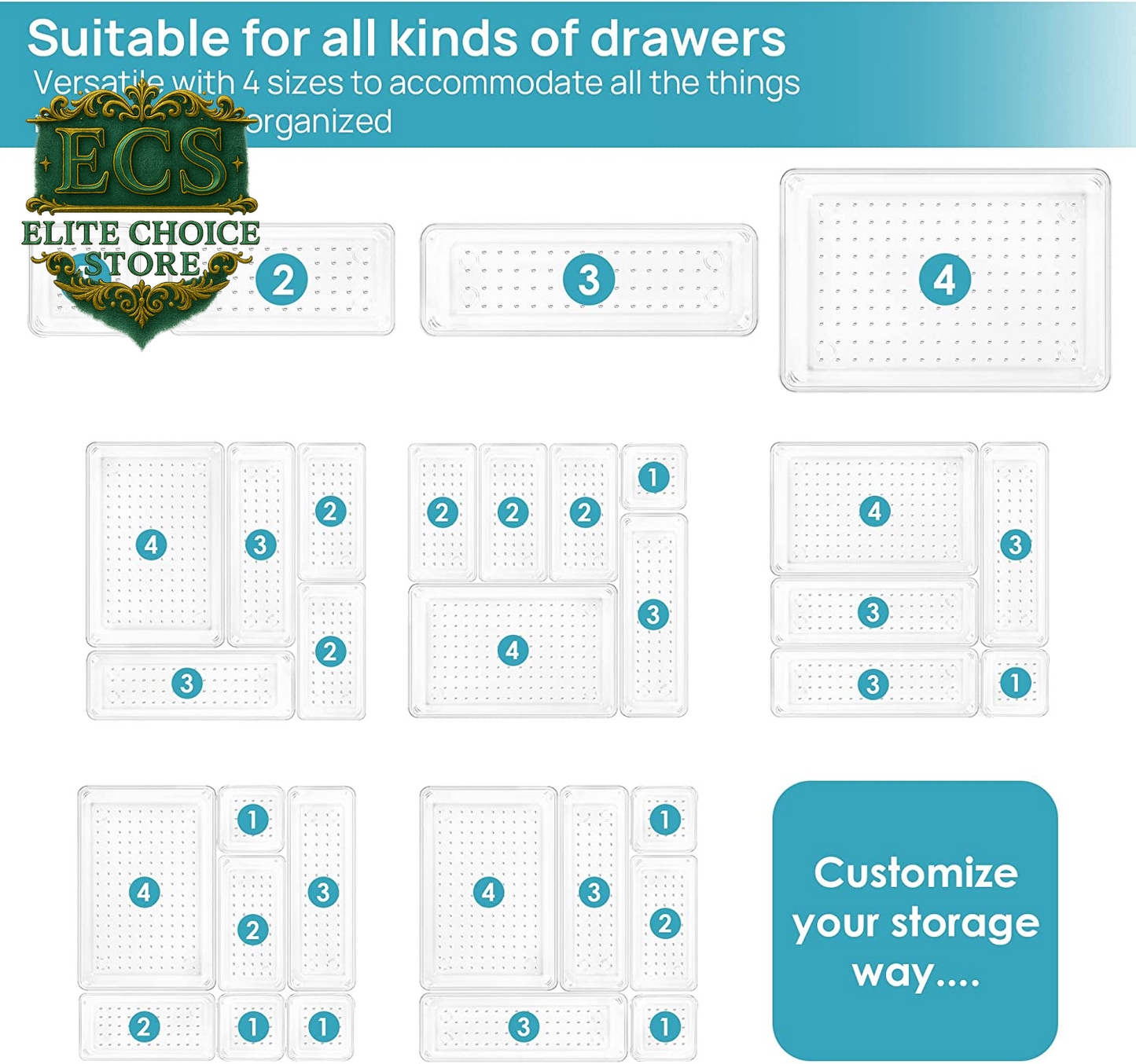 Vtopmart 25 PCS Clear Plastic Drawer Organizers Set, 4-Size Versatile Bathroom and Vanity Drawer Organizer Trays, Storage Bins for Makeup, Bedroom, Kitchen Gadgets Utensils and Office