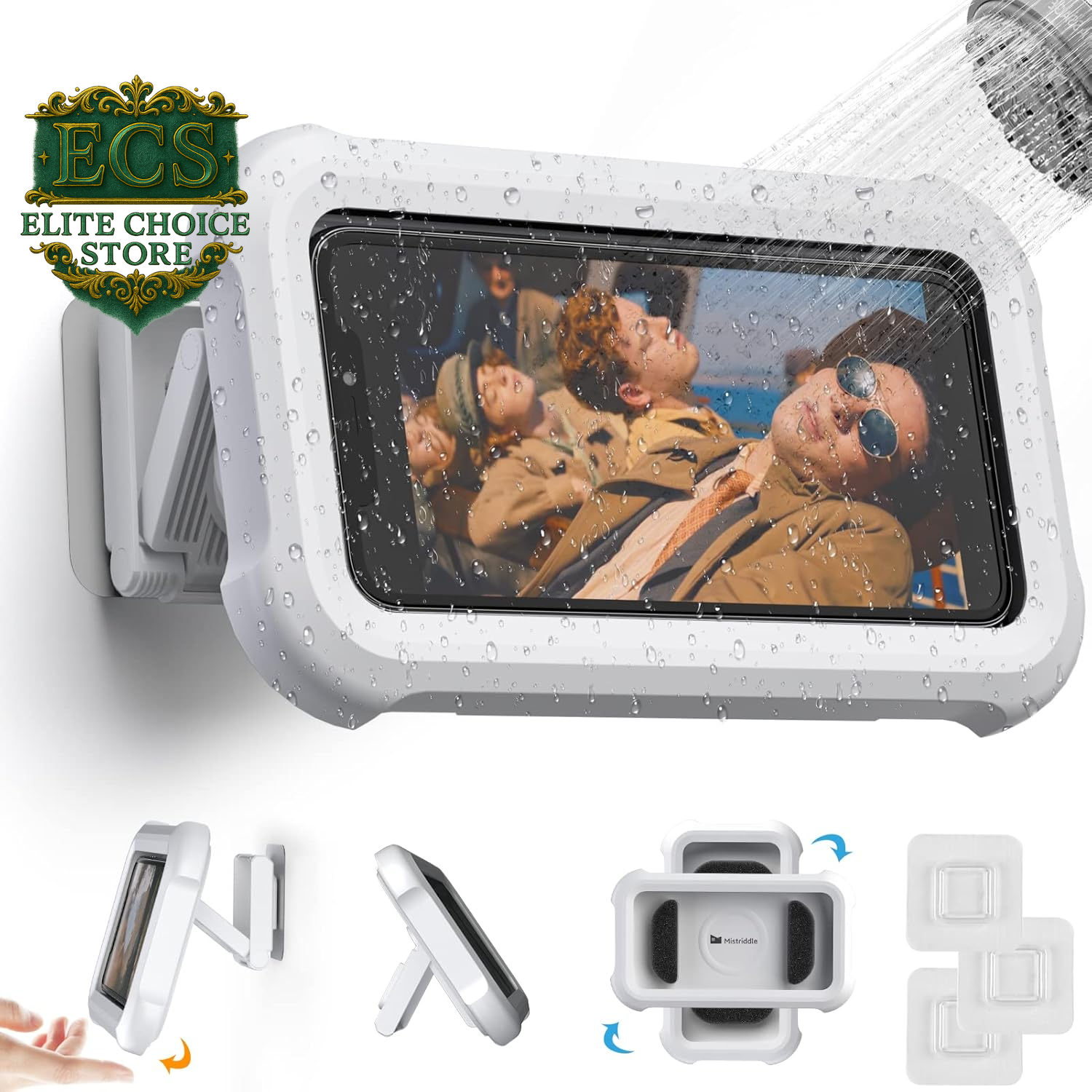 Waterproof Shower Phone Holder with 360° Rotation, Angle Adjustable, Wall Mounted Phone Holder for Bathroom Mirror Bathtub Kitchen, up to 6.8 Inch (Upgraded)