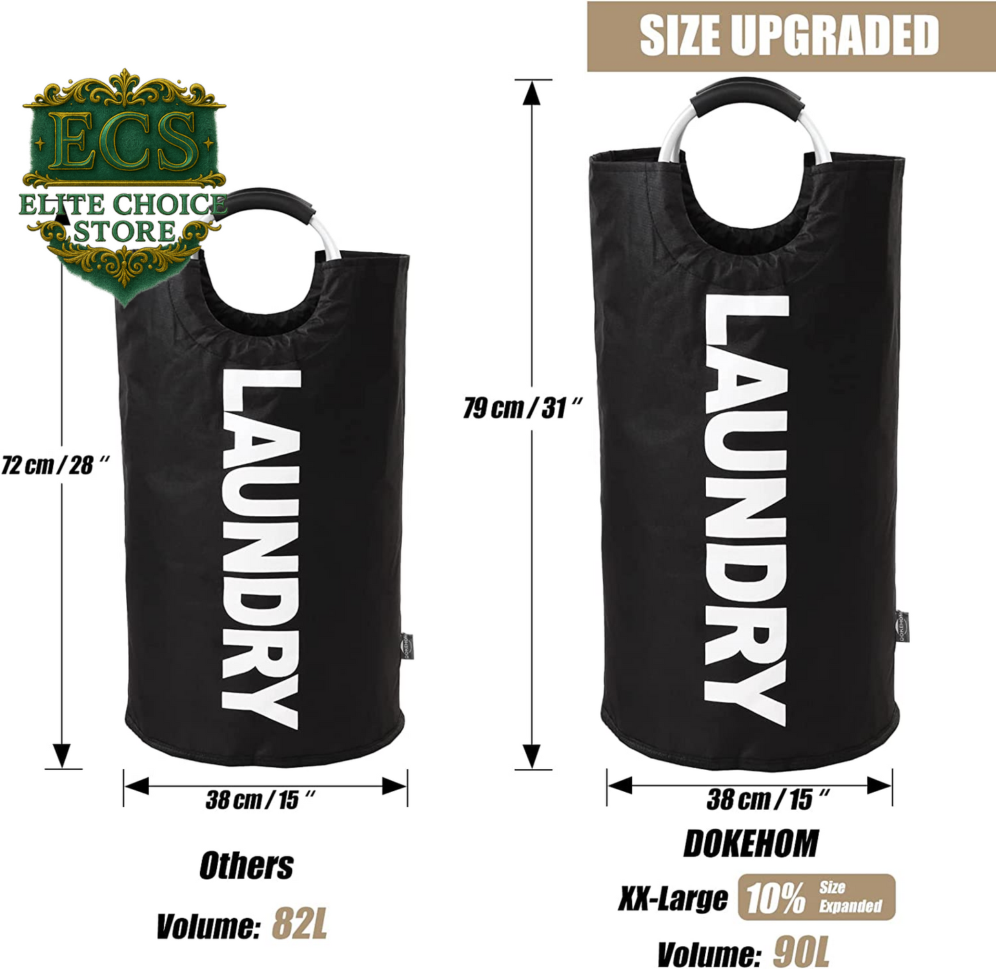 DOKEHOM 90L Large Laundry Basket, Collapsible Laundry Bag, Freestanding Tall Clothes Hamper, Foldable Washing Bin (Black)