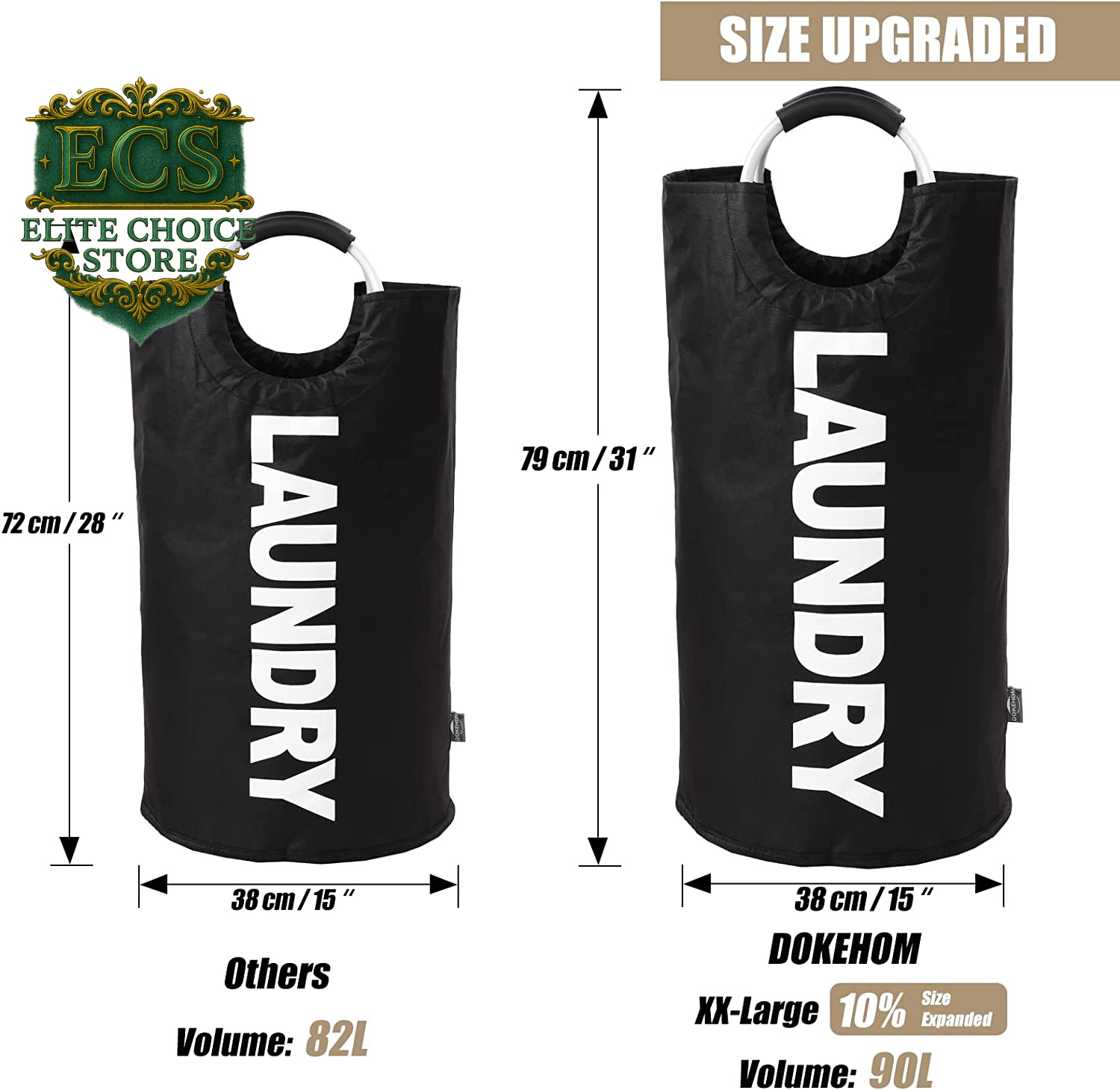 DOKEHOM 90L Large Laundry Basket, Collapsible Laundry Bag, Freestanding Tall Clothes Hamper, Foldable Washing Bin (Black)