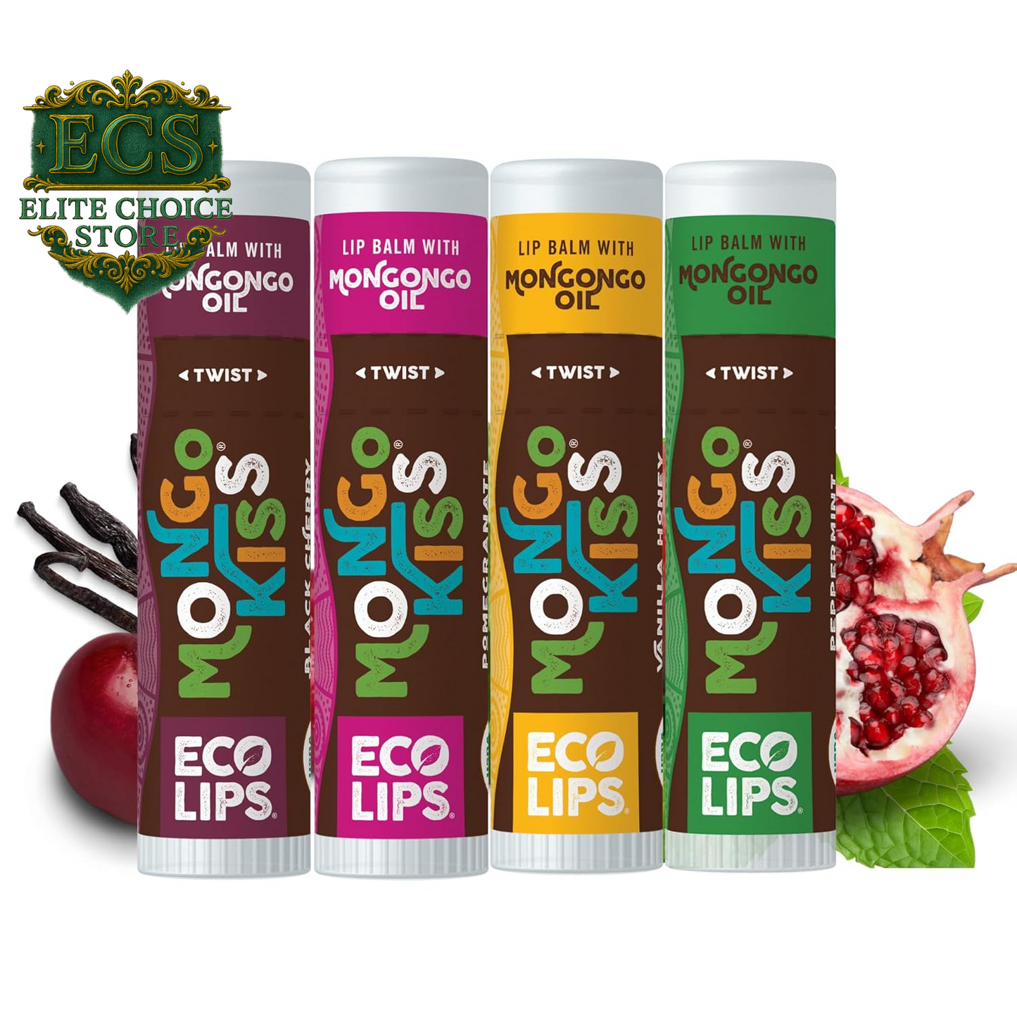 Eco Lips Mongo Kiss Organic Lip Balm 7 Pack - Blood Orange, Black Cherry, Pomegranate, Vanilla Honey, Peppermint, Strawberry Lavender, Yumberry | Mongongo Oil to Soothe & Moisturize Dry, Cracked Lips