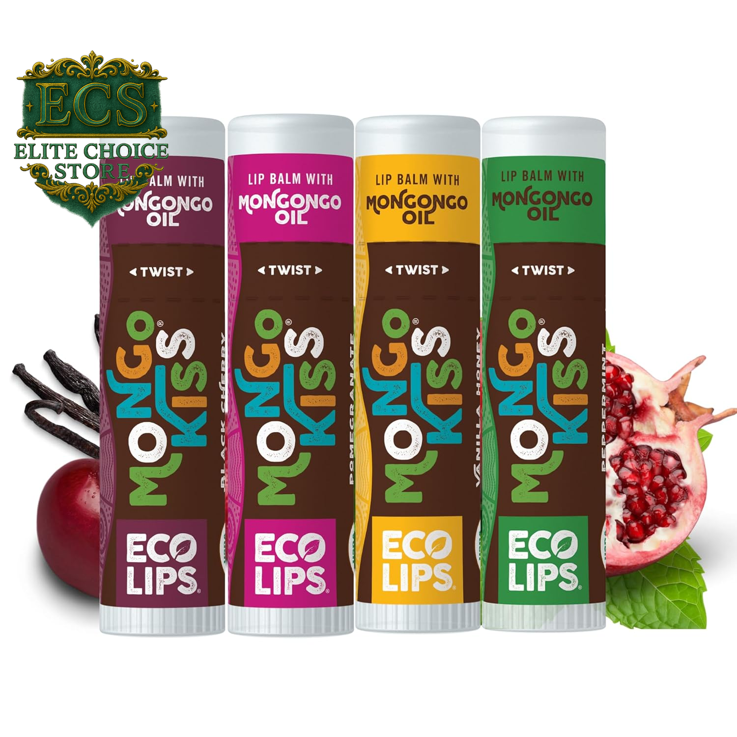 Eco Lips Mongo Kiss Organic Lip Balm 7 Pack - Blood Orange, Black Cherry, Pomegranate, Vanilla Honey, Peppermint, Strawberry Lavender, Yumberry | Mongongo Oil to Soothe & Moisturize Dry, Cracked Lips