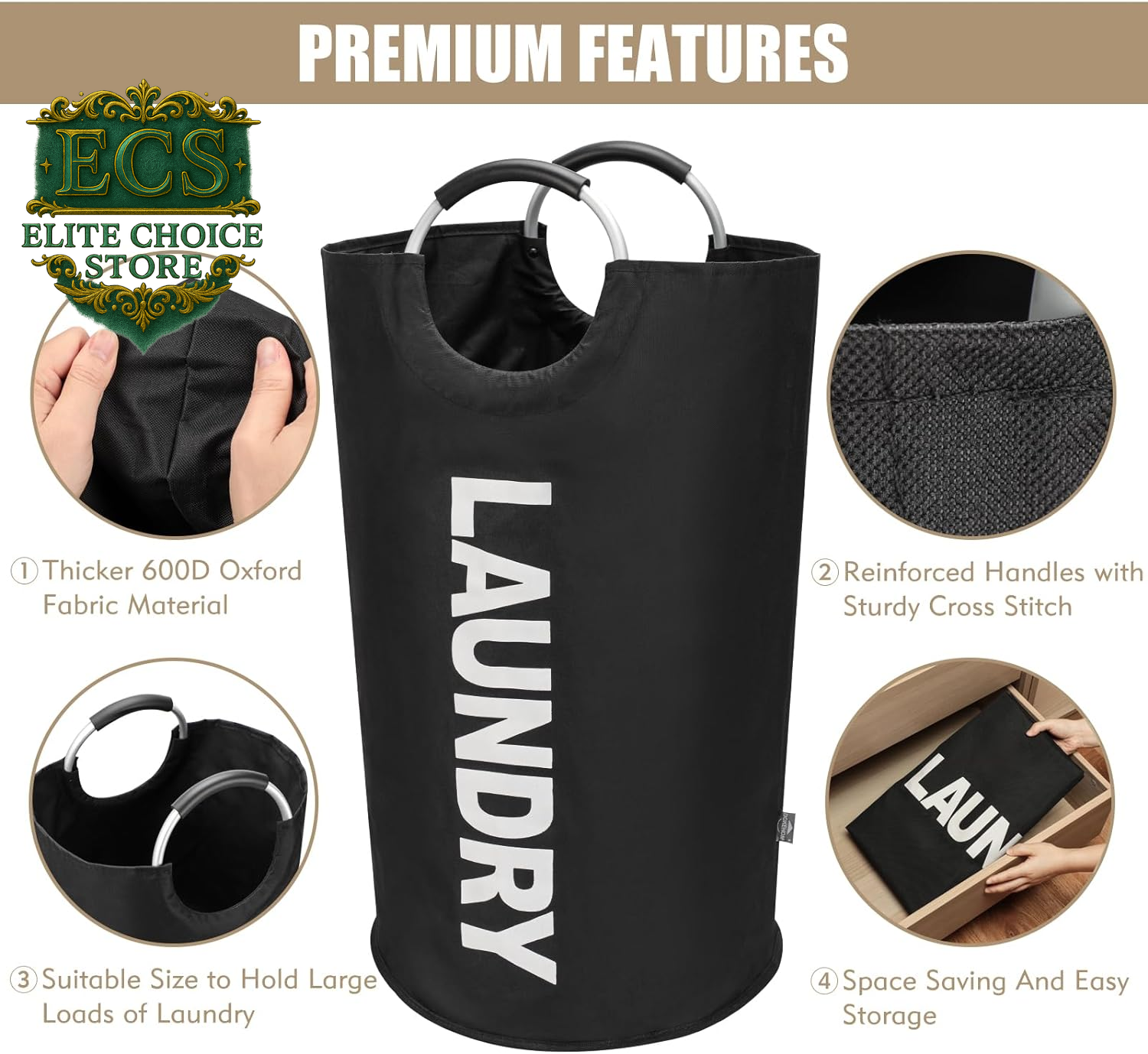 DOKEHOM 90L Large Laundry Basket, Collapsible Laundry Bag, Freestanding Tall Clothes Hamper, Foldable Washing Bin (Black)