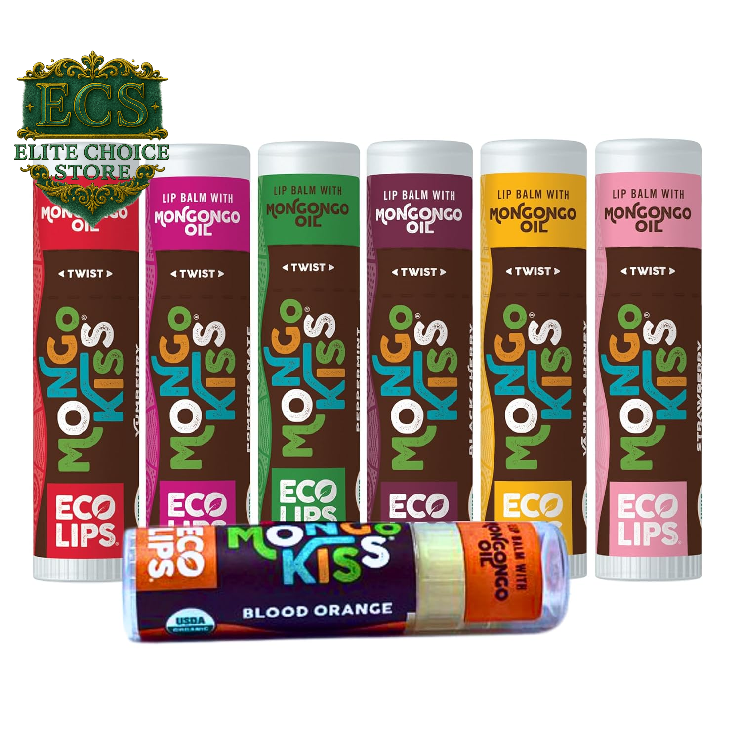 Eco Lips Mongo Kiss Organic Lip Balm 7 Pack - Blood Orange, Black Cherry, Pomegranate, Vanilla Honey, Peppermint, Strawberry Lavender, Yumberry | Mongongo Oil to Soothe & Moisturize Dry, Cracked Lips