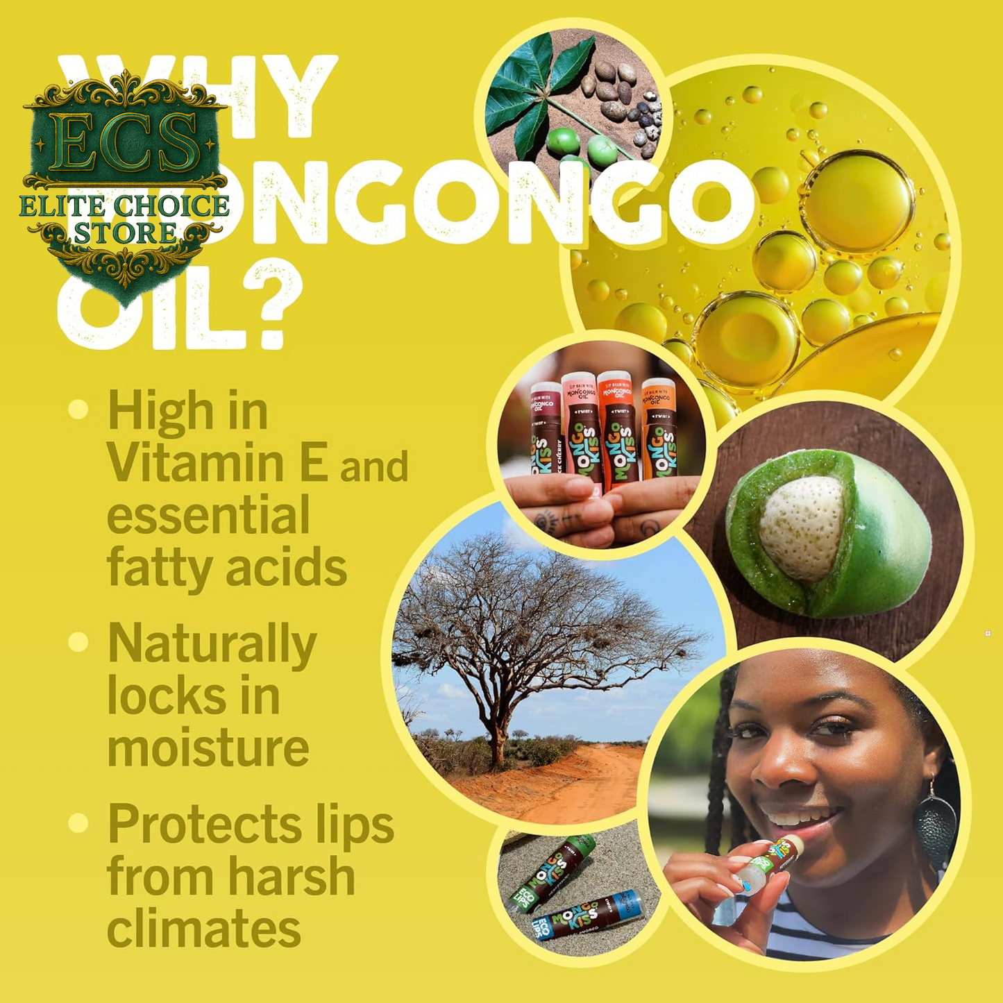 Eco Lips Mongo Kiss Organic Lip Balm 7 Pack - Blood Orange, Black Cherry, Pomegranate, Vanilla Honey, Peppermint, Strawberry Lavender, Yumberry | Mongongo Oil to Soothe & Moisturize Dry, Cracked Lips