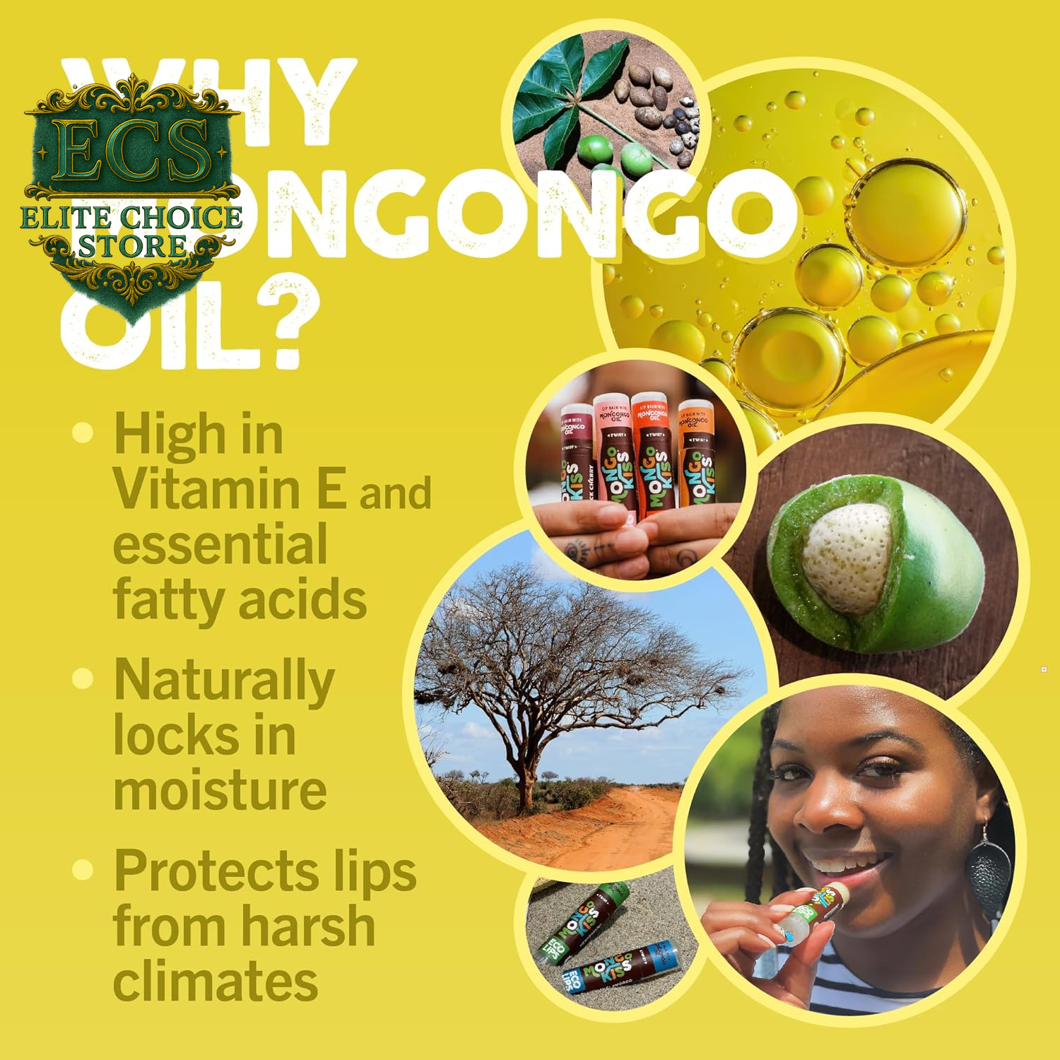 Eco Lips Mongo Kiss Organic Lip Balm 7 Pack - Blood Orange, Black Cherry, Pomegranate, Vanilla Honey, Peppermint, Strawberry Lavender, Yumberry | Mongongo Oil to Soothe & Moisturize Dry, Cracked Lips