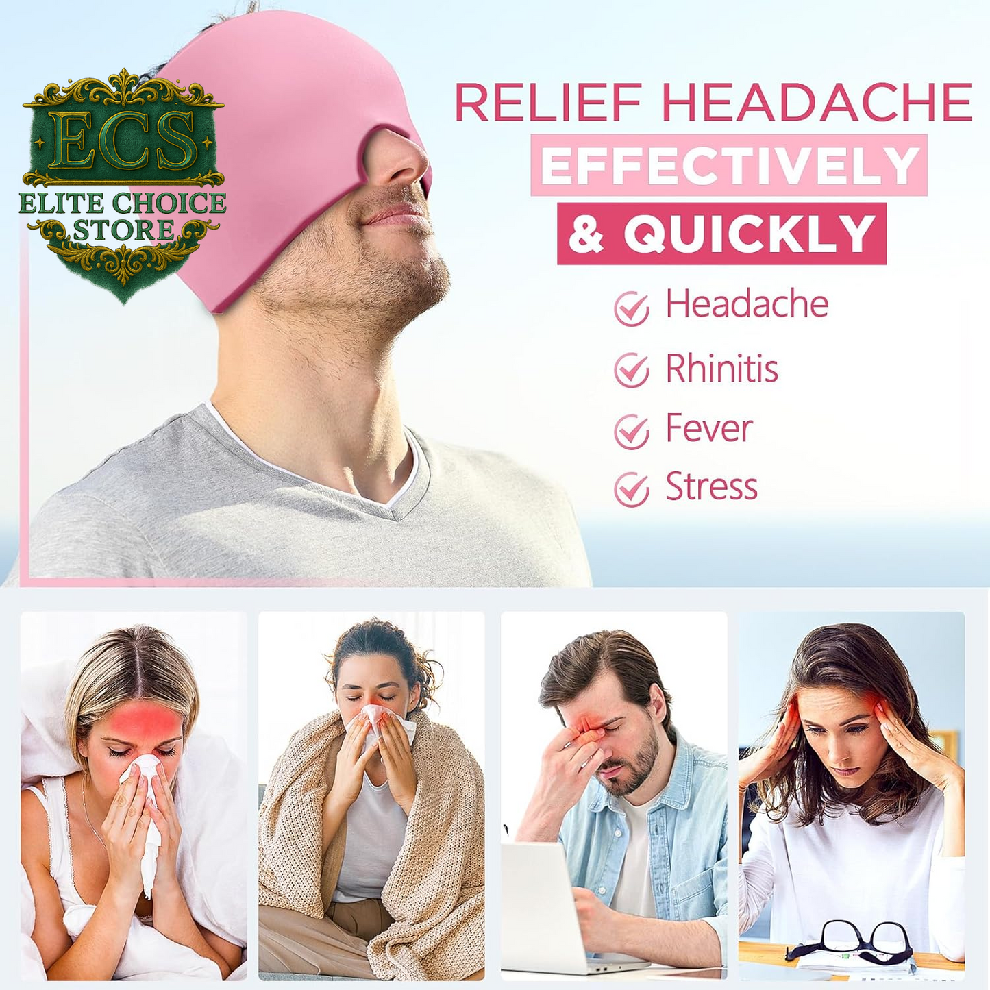 Migraine Relief Cap, Headache Relief Hat for Migraine Cap, Hot and Cold Therapy, Headache Eyes Mask for Stress Relief, Ice Pack Head Wrap for Sinus, Puffy Eyes, Tension, Pink