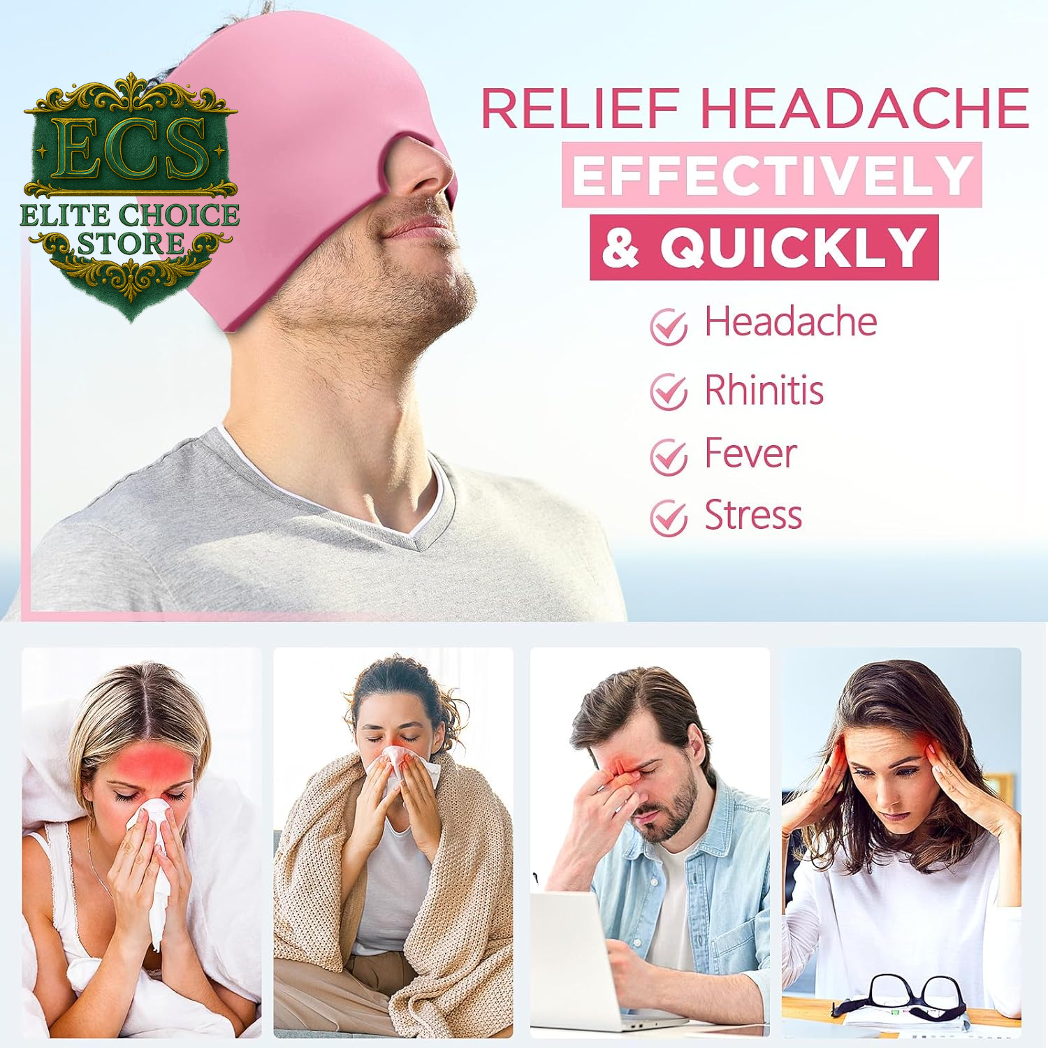 Migraine Relief Cap, Headache Relief Hat for Migraine Cap, Hot and Cold Therapy, Headache Eyes Mask for Stress Relief, Ice Pack Head Wrap for Sinus, Puffy Eyes, Tension, Pink