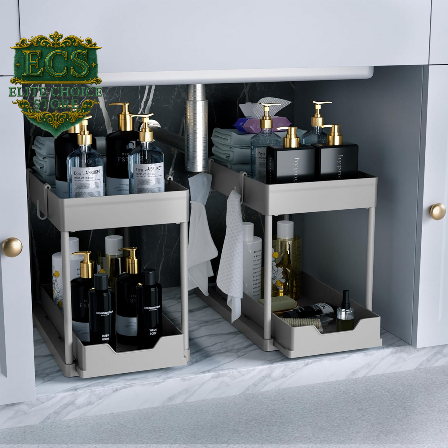 DEKAVA under Sink Storage 2 Pack, 2 Tier Sliding Organiser, Multi-Purpose Shelf Organiser, Pull Out Cabinet Basket Drawer (Black)