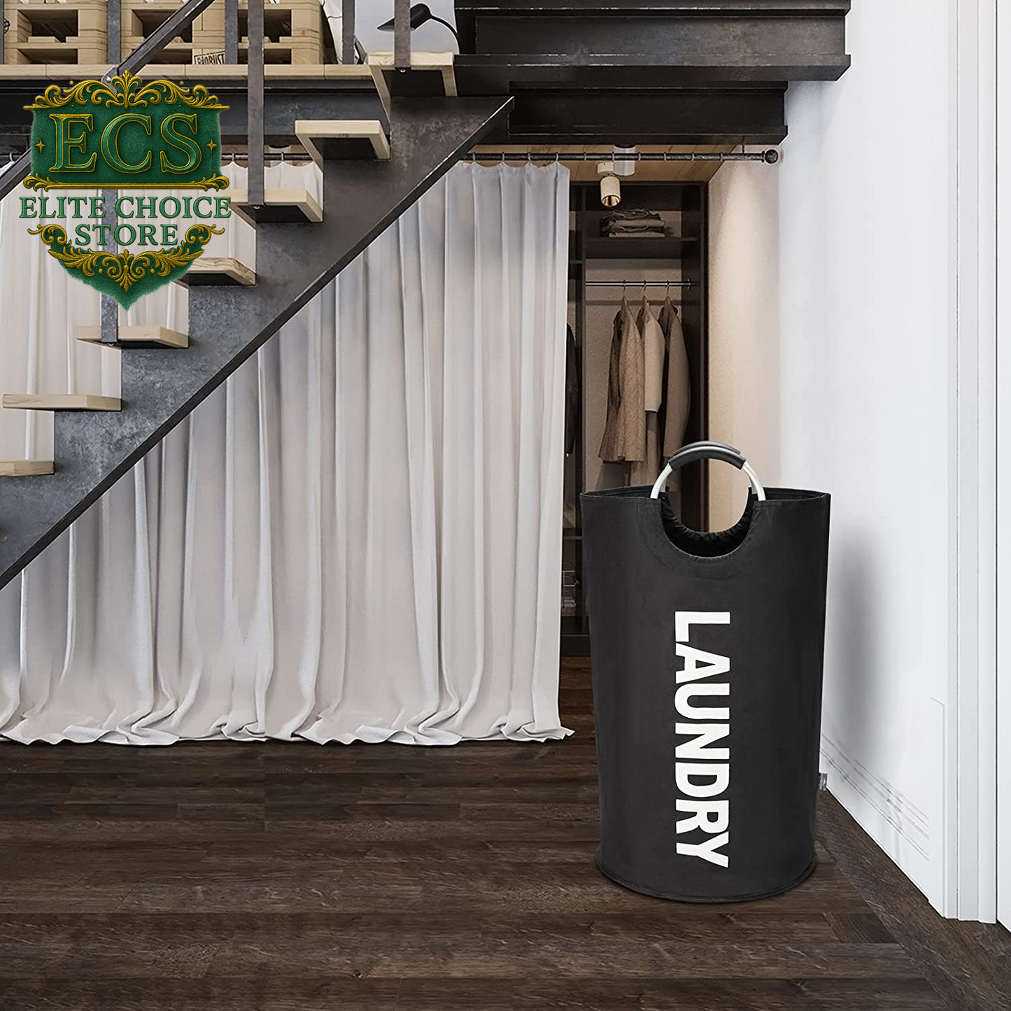 DOKEHOM 90L Large Laundry Basket, Collapsible Laundry Bag, Freestanding Tall Clothes Hamper, Foldable Washing Bin (Black)