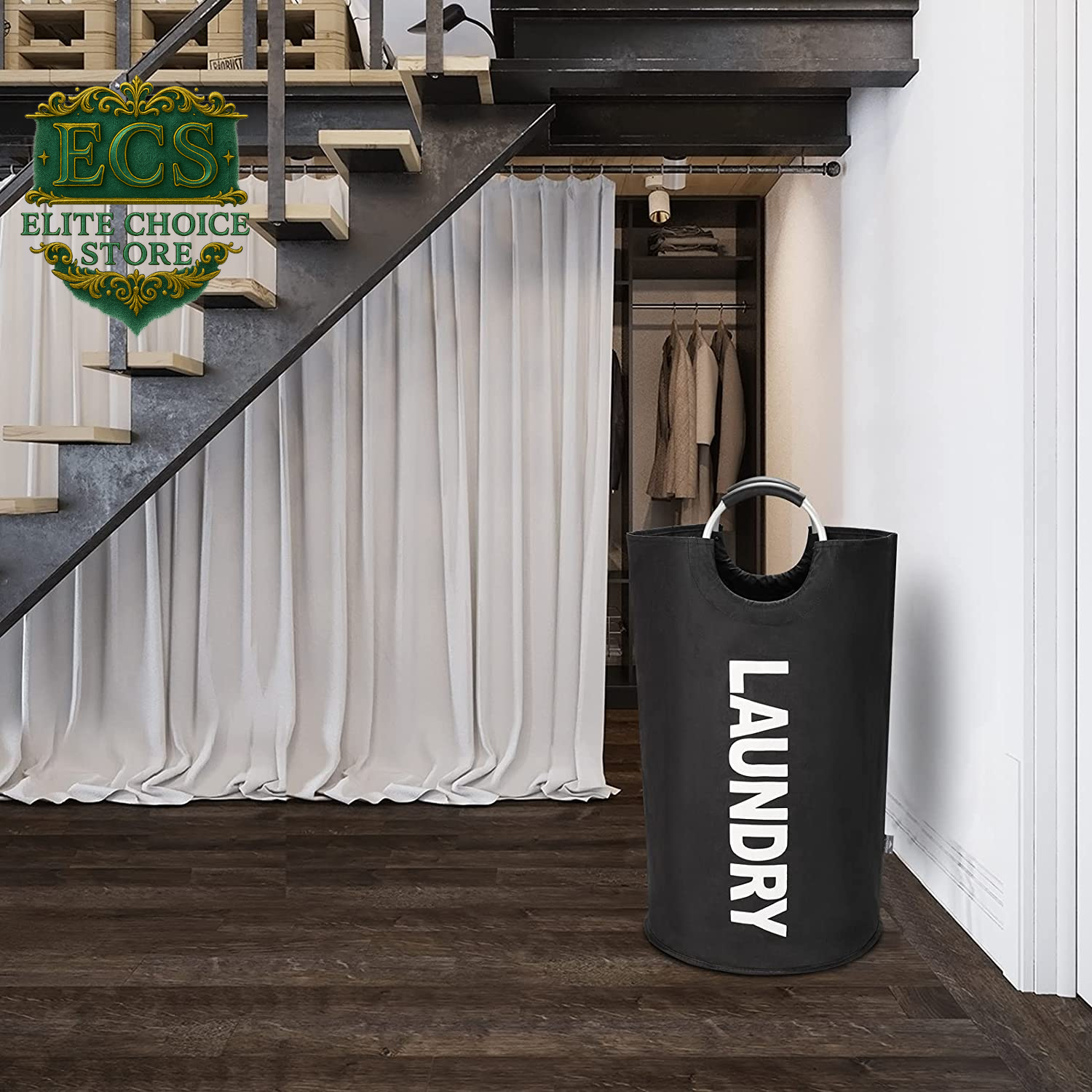 DOKEHOM 90L Large Laundry Basket, Collapsible Laundry Bag, Freestanding Tall Clothes Hamper, Foldable Washing Bin (Black)