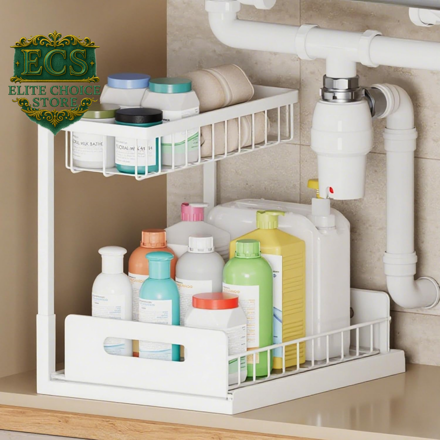 VUSIGN 2 Tier under Sink Organizer and Storage, Slide Out Pull Out Cabinet Organizer Shelf, Storage for Kitchen Bathroom Laundry, 1Pack, White