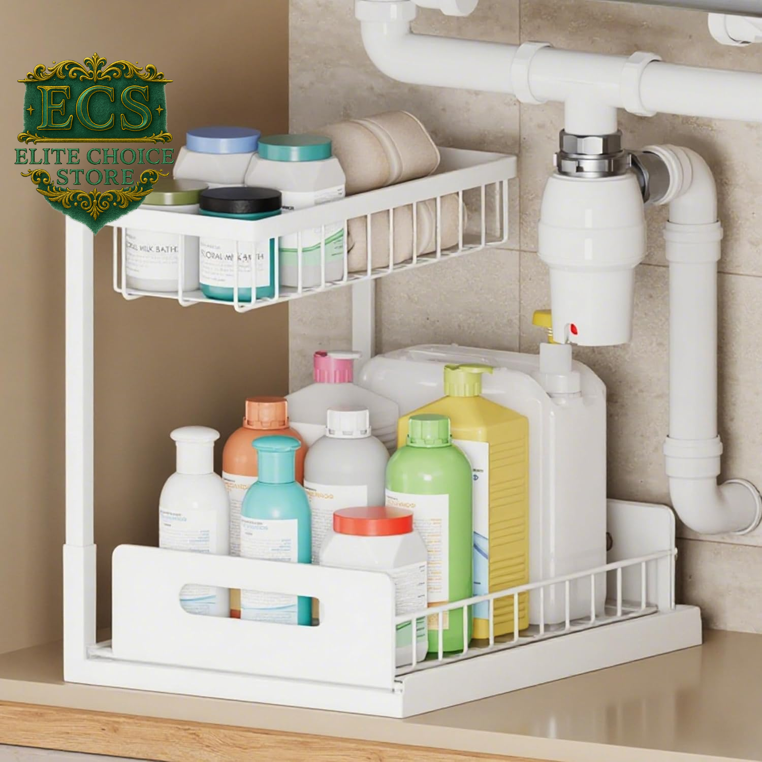 VUSIGN 2 Tier under Sink Organizer and Storage, Slide Out Pull Out Cabinet Organizer Shelf, Storage for Kitchen Bathroom Laundry, 1Pack, White