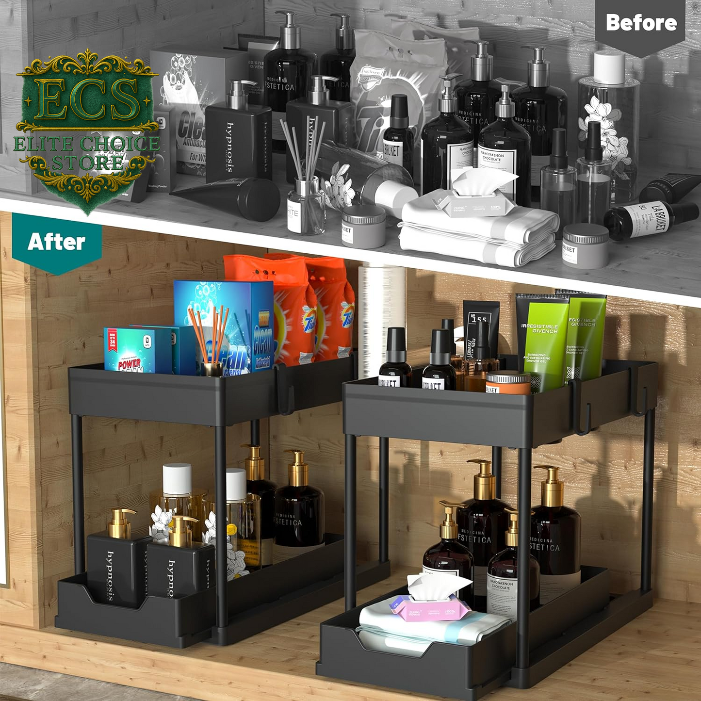 DEKAVA under Sink Storage 2 Pack, 2 Tier Sliding Organiser, Multi-Purpose Shelf Organiser, Pull Out Cabinet Basket Drawer (Black)