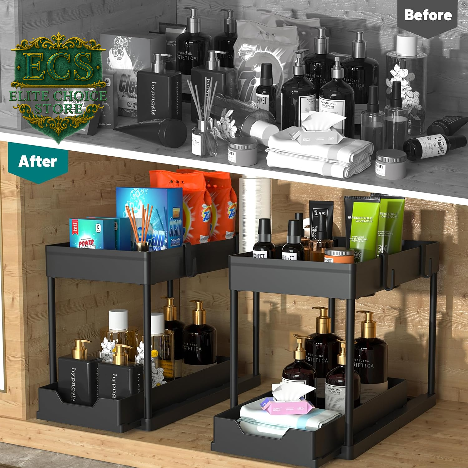 DEKAVA under Sink Storage 2 Pack, 2 Tier Sliding Organiser, Multi-Purpose Shelf Organiser, Pull Out Cabinet Basket Drawer (Black)