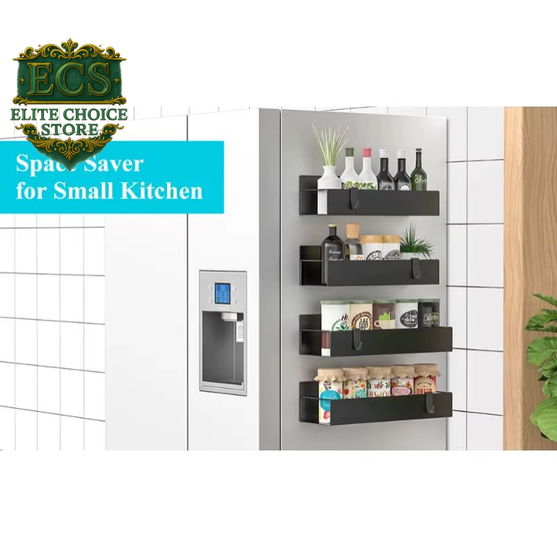 Aufworld Magnetic Spice Rack 2-Pack – Fridge Organizer Shelves with Moveable Hooks for Kitchen Storage