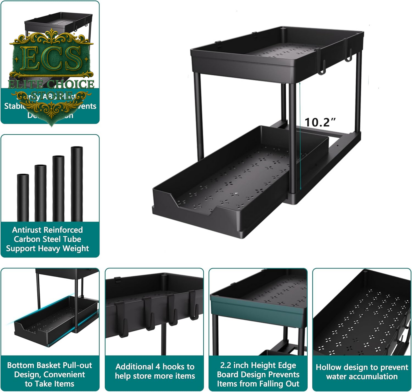 DEKAVA under Sink Storage 2 Pack, 2 Tier Sliding Organiser, Multi-Purpose Shelf Organiser, Pull Out Cabinet Basket Drawer (Black)