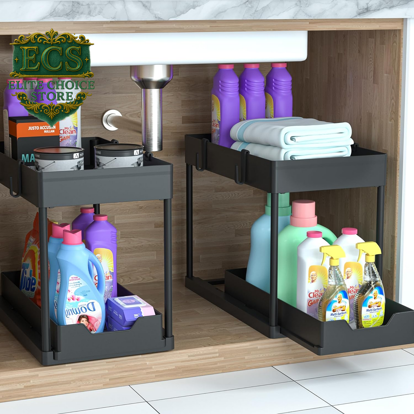 DEKAVA under Sink Storage 2 Pack, 2 Tier Sliding Organiser, Multi-Purpose Shelf Organiser, Pull Out Cabinet Basket Drawer (Black)