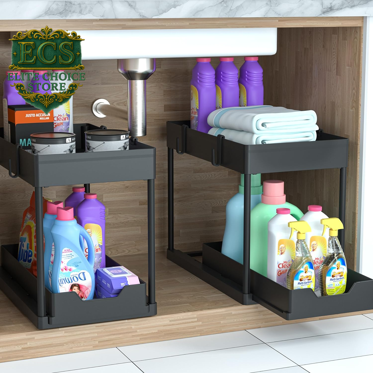 DEKAVA under Sink Storage 2 Pack, 2 Tier Sliding Organiser, Multi-Purpose Shelf Organiser, Pull Out Cabinet Basket Drawer (Black)