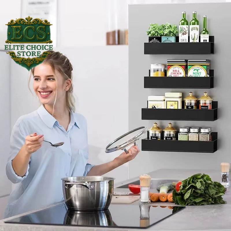 Aufworld Magnetic Spice Rack 2-Pack – Fridge Organizer Shelves with Moveable Hooks for Kitchen Storage