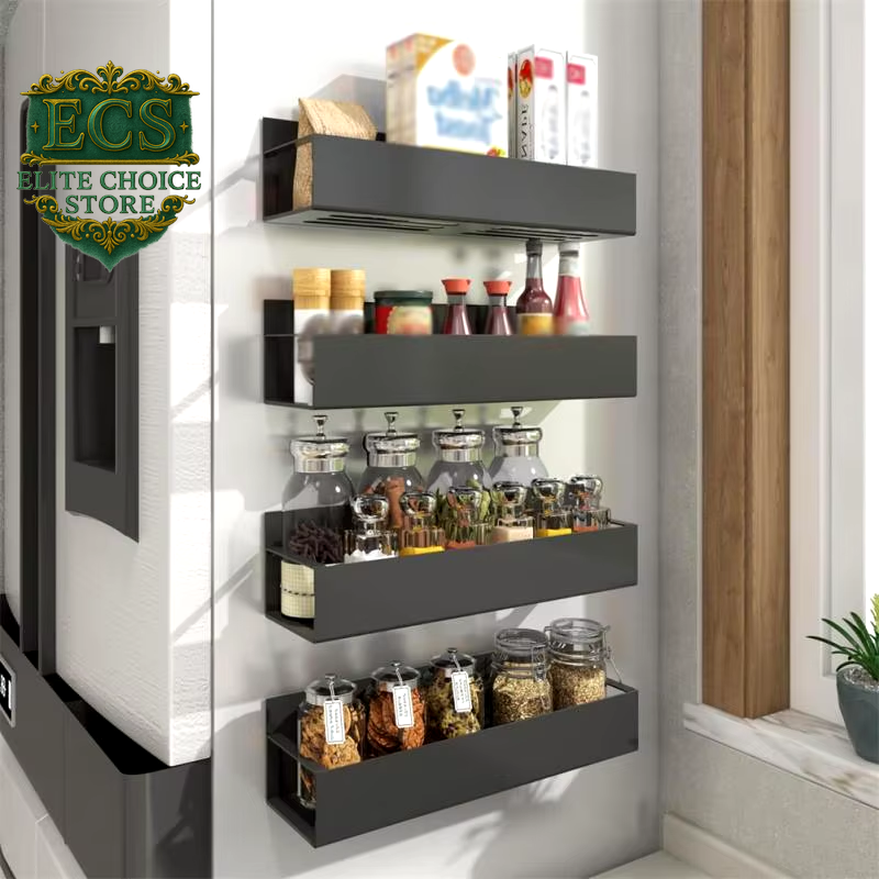 Aufworld Magnetic Spice Rack 2-Pack – Fridge Organizer Shelves with Moveable Hooks for Kitchen Storage